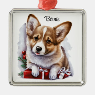 ORNEMENT CARRÉ ARGENTÉ CUTE COULEUR D'EAU PEMBROKE CORGI WELSH PUPPY