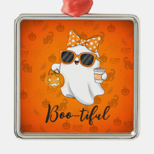 Ornement Carré Argenté Cute Halloween Ghost Citrouille épice personnalisé