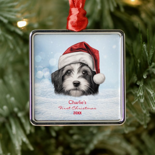 Ornement Carré Argenté Cute Havanais Chien Santa Hat Personnalisé (Arbre)