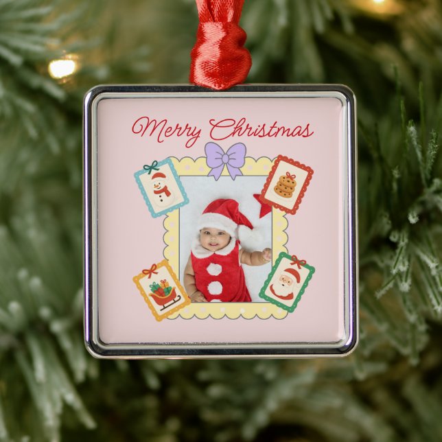 Ornement Carré Argenté Cute Holiday Keepsake with Festive Pastel Frames  (Arbre)