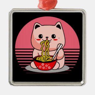 Ornement Carré Argenté Cute Kawaii chat ramen