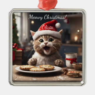 Ornement Carré Argenté Cute Kitten Funny Père Noël Chat Noël