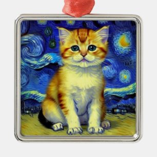 Ornement Carré Argenté Cute Kitten Starry Night Van Gogh
