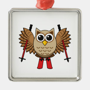 Ornement Carré Argenté Cute Owl Skiing Cartoon
