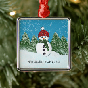 Ornement Carré Argenté Cute Snowman Joyeux Noël et Bonne Année