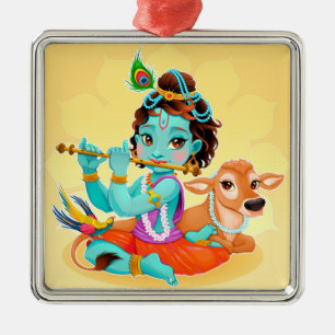 Ornement Carré Argenté Cute Tiny Krishna & Cow