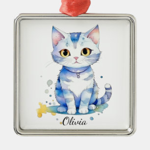 Ornement Carré Argenté Cute watercolor cat (chaton) design