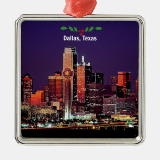 Ornement Carré Argenté Dallas, Texas Skyline, Noël,