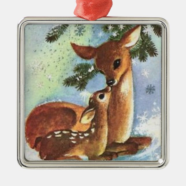 Ornement Carré Argenté Deer and Fawn Tree Christmas Ornament (Devant)