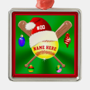 Ornement Carré Argenté Des objets de Noël de softball personnalisés