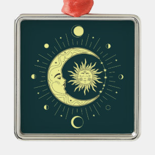 Ornement Carré Argenté Design céleste du soleil et de la lune avec phases