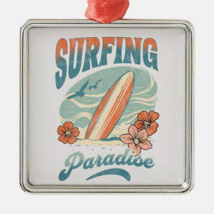 Ornement Carré Argenté Design rétro du Surfing Paradise