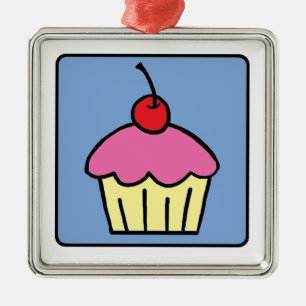 Ornement Carré Argenté Dessert de cerise de givrage de petit gâteau de