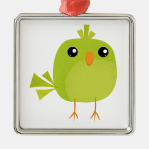 Ornement Carré Argenté Dessin animé d'oiseau vert mignon