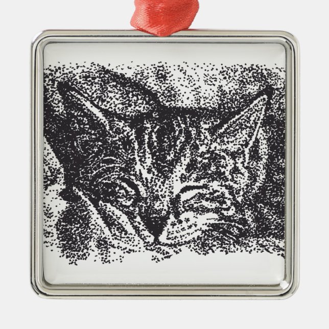 Ornement Carré Argenté Dessin de chat couché mignon (Devant)