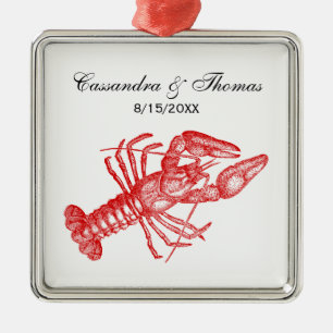 Ornement Carré Argenté Dessin de homard rouge vintage no 1
