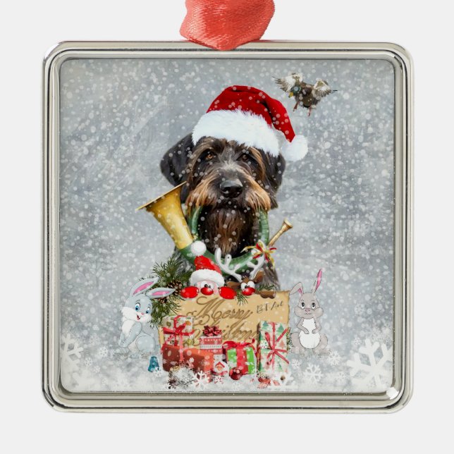 Ornement Carré Argenté Deutsch Drahthaar, Merry Christmas!  (Devant)