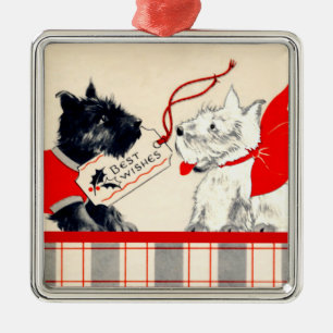 Ornement Carré Argenté Deux Chiens écossais, Terrier écossais noir et bla