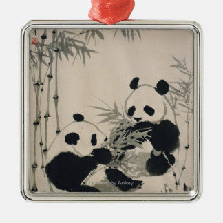 Ornement Carré Argenté Deux pandas