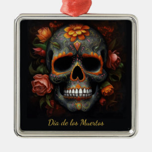 Ornement Carré Argenté Dia de los Muertos peint crâne personnalisable
