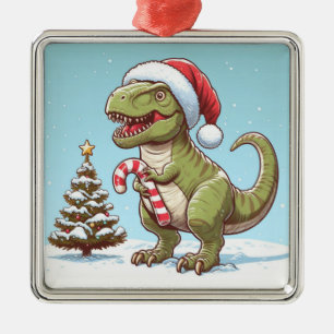 Ornement Carré Argenté Dinosaure sucre de canne de Noël mignon