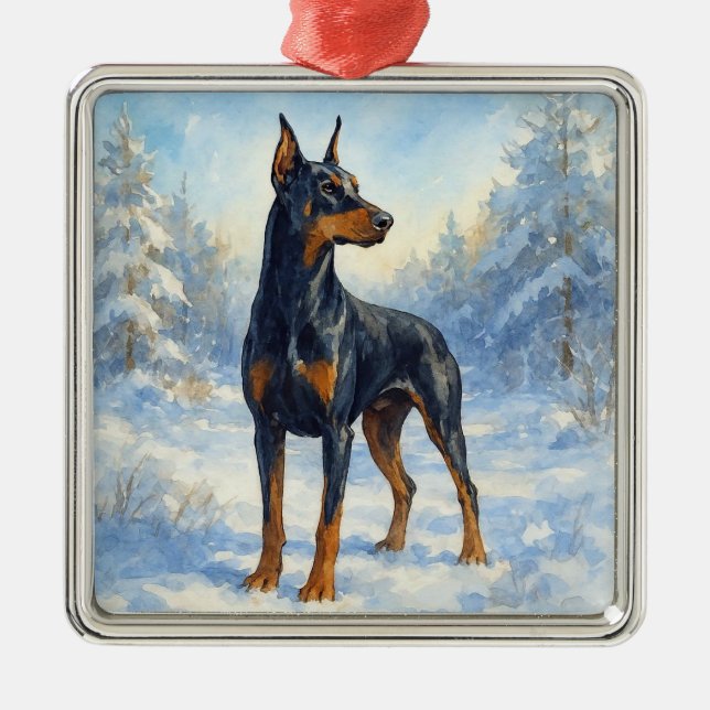 Ornement Carré Argenté Doberman dans la neige hivernale (Devant)