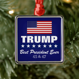 ORNEMENT CARRÉ ARGENTÉ DONALD TRUMP MEILLEUR PRÉSIDENT JAMAIS NOËL