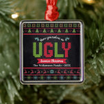 Ornement Carré Argenté Doux moche Noël Nordic Knit Chalkboard Fun<br><div class="desc">"Prenez-vous un sale pull Noël." Aidez à décorer votre arbre dans le "style" avec cet ornement en métal argent de qualité exceptionnelle et amusant! Motif nordique d'arbres caprices, rennes, ornements, ainsi que la typographie "pull" ludique en rouge, vert et bleu aqua, superposent un arrière - plan de tableau noir. Sentez...</div>