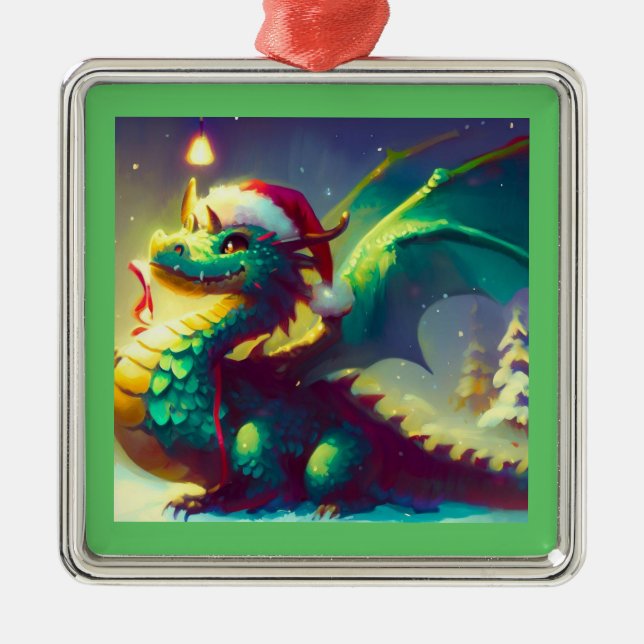 Ornement Carré Argenté Dragon de Noël 3 (Devant)
