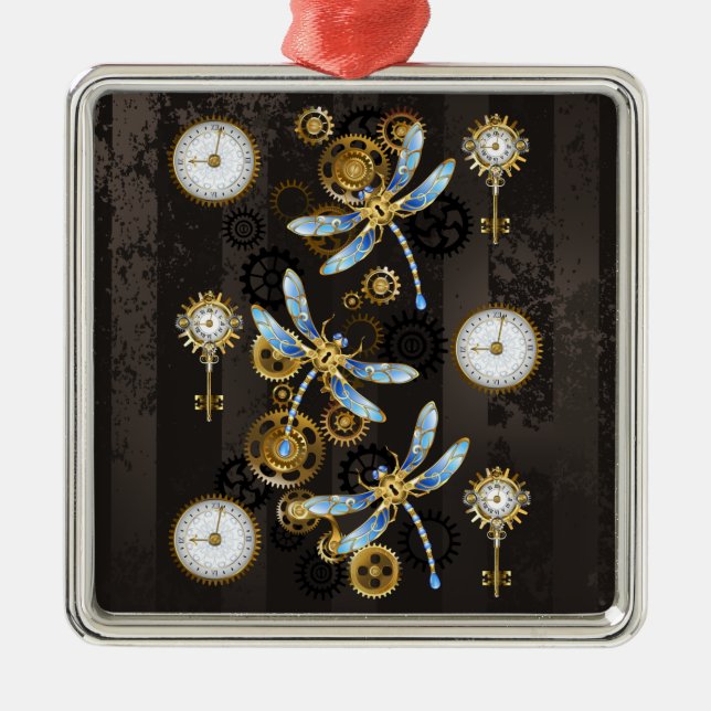 Ornement Carré Argenté Dragonflies de Steampunk sur arrière - plan rayé b (Devant)