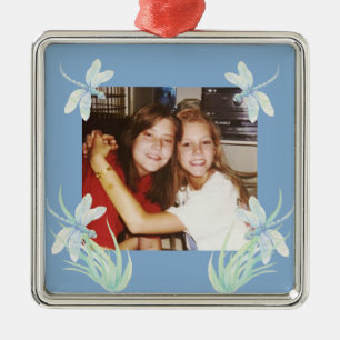 Ornement Carré Argenté Dragonlies photo personnalisées, Aquarelle bleu ve