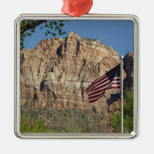 Ornement Carré Argenté Drapeau américain dans le parc national de Zion I