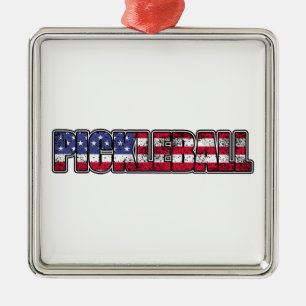 Ornement Carré Argenté Drapeau américain de Pickleball