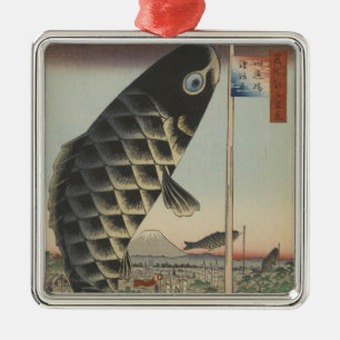 Ornement Carré Argenté Drapeau de fête du poisson Koi Hiroshige japonais