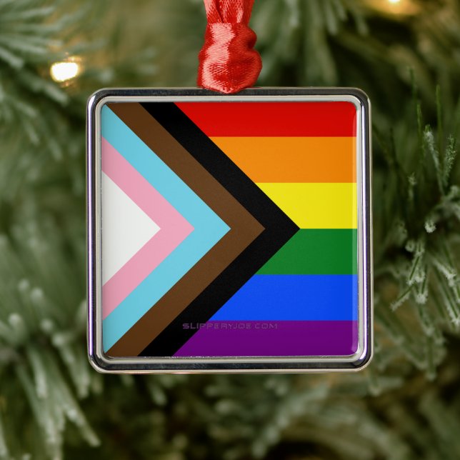Ornement Carré Argenté Drapeau de fierté Progress Pride de SlipperyJoe si (Arbre)