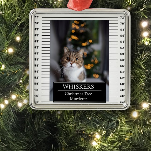 Ornement Carré Argenté Drôle Pet Mug Shot (Créateur téléchargé)