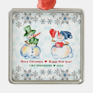 Ornement Carré Argenté Drôle Snowman Joyeux Cristaux de Noël Snowflakes