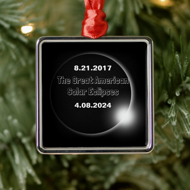 Ornement Carré Argenté Éclipse solaire double datée 2024 & 2017 (Arbre)