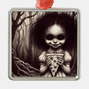 Ornement Carré Argenté Éffrayante fille avec Pizza Horreur Illustration D