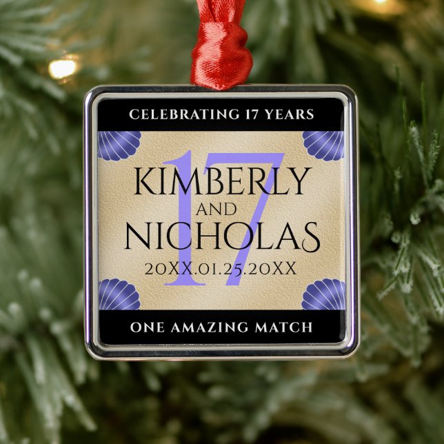 Ornement Carré Argenté Élégant 17ème anniversaire de Mariage des obus (Arbre)