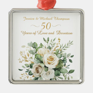 Ornement Carré Argenté Élégant 50e anniversaire Roses blanches Bagues or