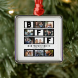 Ornement Carré Argenté Élégant BFF Meilleurs amis Forever 9 Collage photo<br><div class="desc">Custom Stylish BFF Best Friends Forever 9 Photo Collage. Personnalisez avec 9 photos et noms. Parfait pour toute occasion comme anniversaire comme idée cadeau pour vos amis et ceux qui vous sont chers.</div>