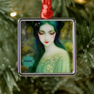 Ornement Carré Argenté Élégant Imaginaire Portrait femme en vert et bleu