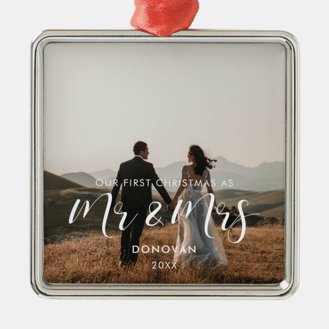 Ornement Carré Argenté Elégant Notre première photo mariage de Noël (Devant)