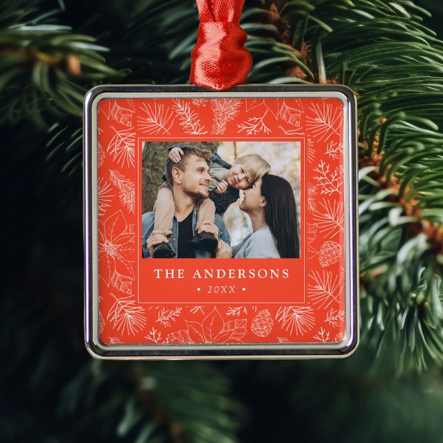 Ornement Carré Argenté Elégant Poinsettias et Pinecones Orange Photo (Créateur téléchargé)
