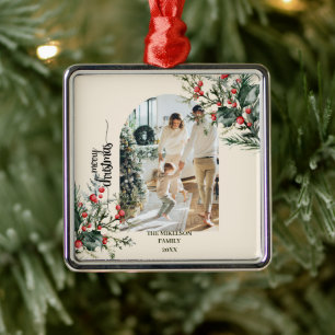 Ornement Carré Argenté Elégant rustique aquarelle Noël botanique