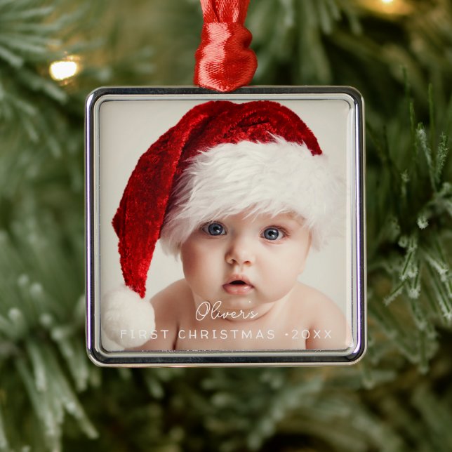 Ornement Carré Argenté Elegant Script My 1st Christmas Baby's Photo (Arbre)