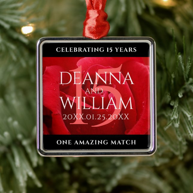 Ornement Carré Argenté Élégante fête du 15e anniversaire du Mariage Rose (Arbre)