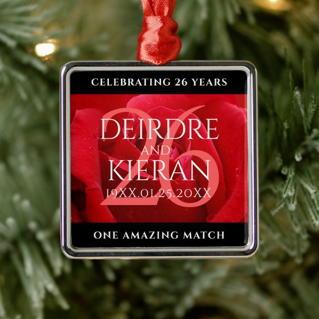 Ornement Carré Argenté Élégante fête du 26e anniversaire du Mariage Rose (Arbre)