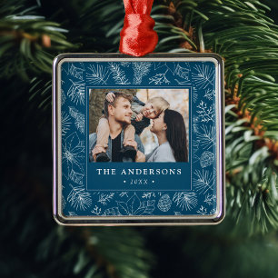 Ornement Carré Argenté Elégante Poinsettias et Pinecones Photo Bleue